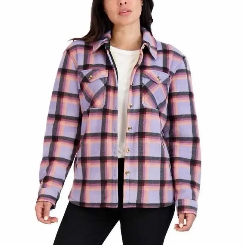 Sage - Long Sleeve Plaid Plush Sherpa Lined Fleece Shirt Jacket, Purple, Small
